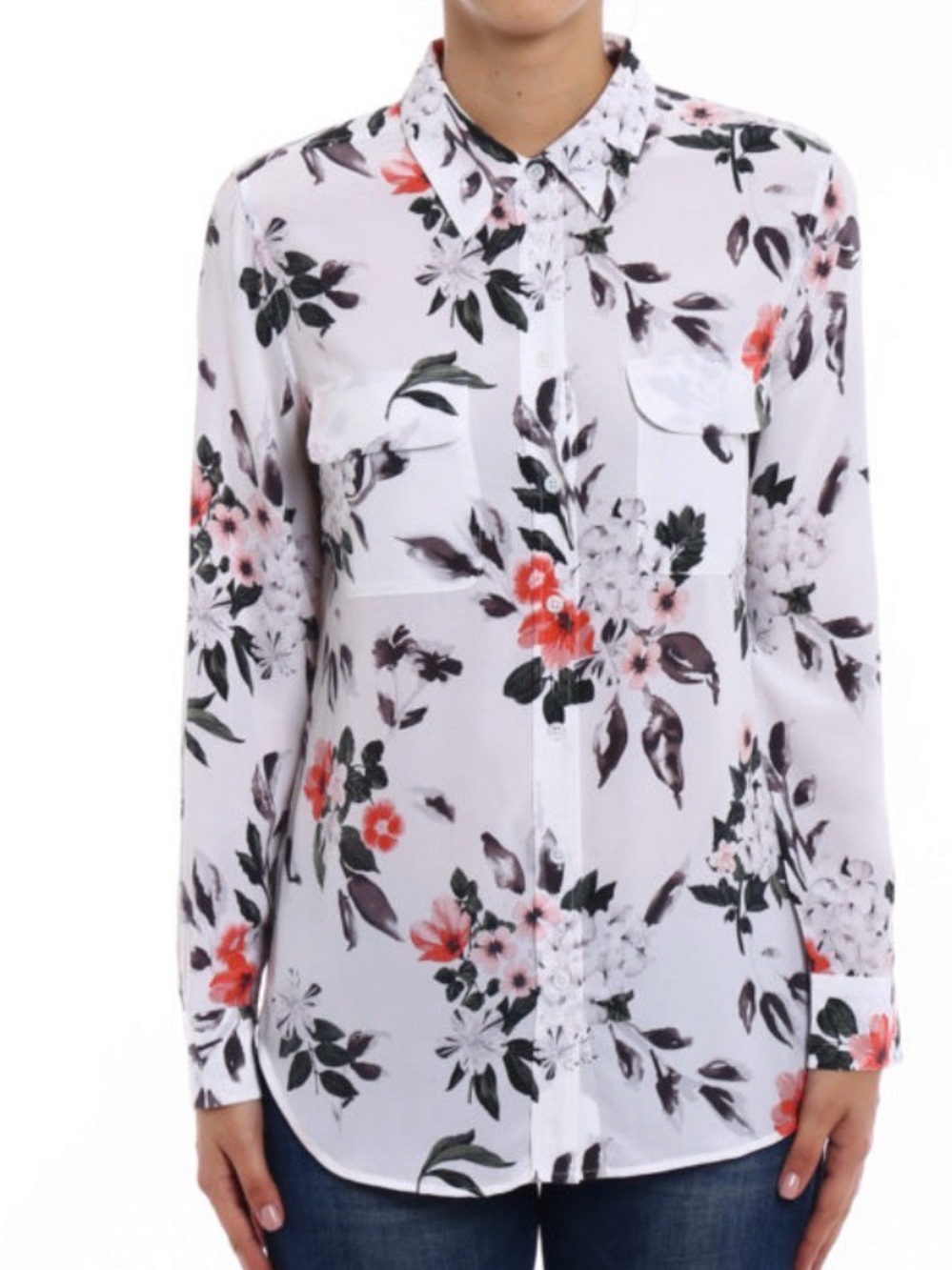 Équipement 100% silk  White Floral Button-Down Blouse with Coral Accents